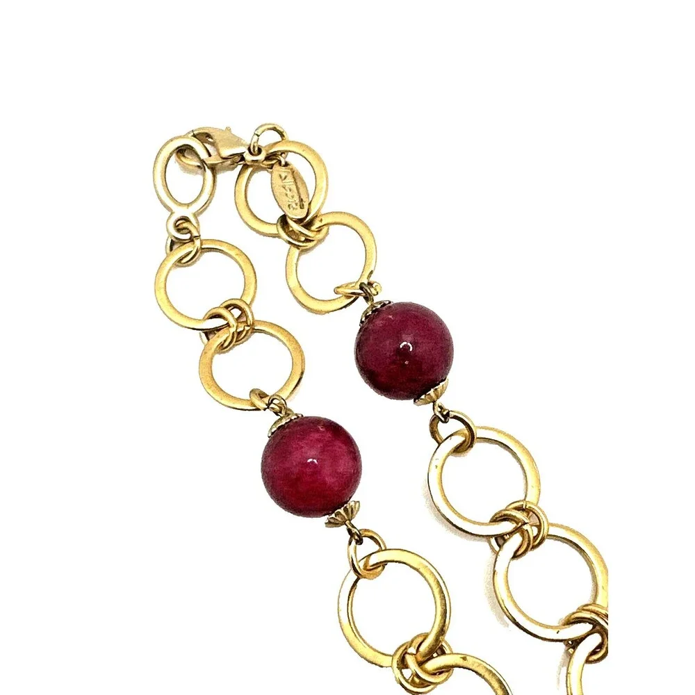 Vintage TALBOTS Station Necklace Pink Stone Glass Bead Gold Tone Link 25